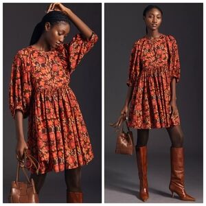 Anthropologie Sundry Boho Tunic Dress Colorful Floral Puff Dolman Sleeves XS / 0